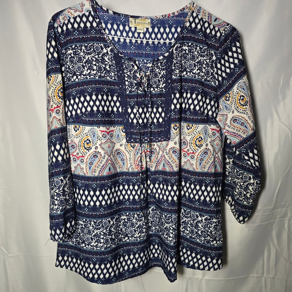 Tanzara Women Blue Paisley Geometric Crochet Trim Lace Up Peasant Blouse Large